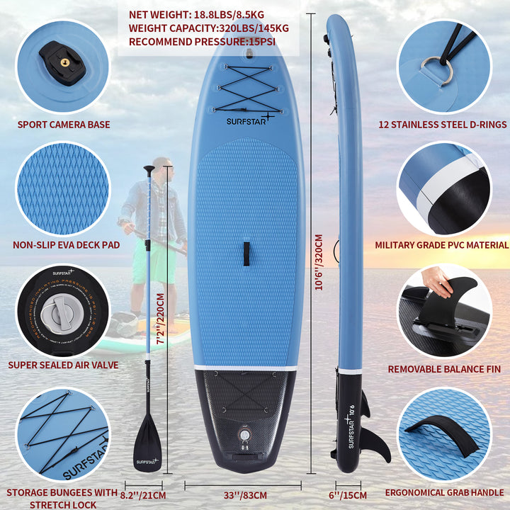 SurfStar Advance Star 10'6'' Board Set With Fiberglass Paddle Lasting SUP Board Portable & Lightweight