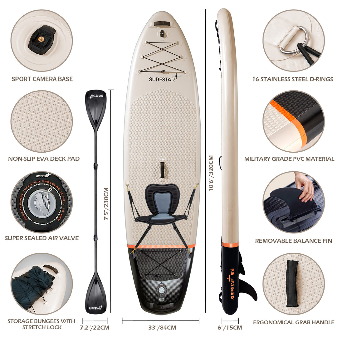 SurfStar 10'6" Advanced Star Paddle Board iSUP With Detachable Kayak Seat More Stability For Beginners